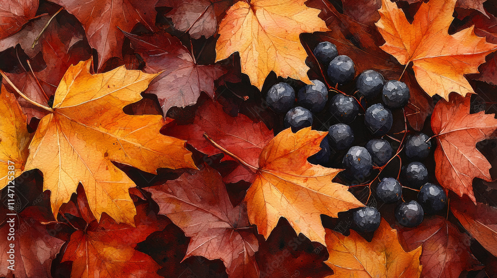 Fototapeta premium Autumn leaves and dark berries create rich, vibrant scene of nature