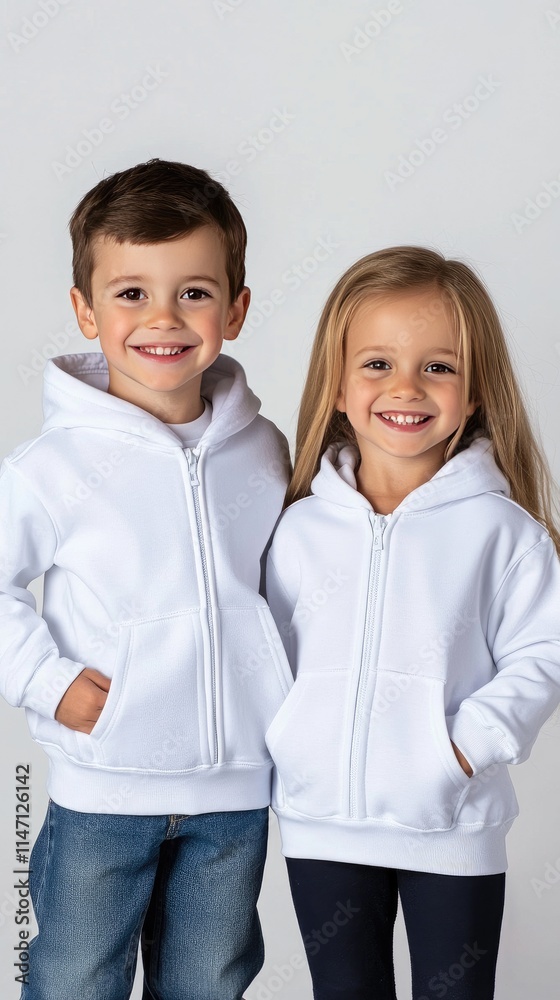 Two cheerful kids stand side by side wearing matching white hoodies, with one girl smiling and the boy confidently posing with his hands on hips, creating a warm and friendly atmosphere Two cheerful kids stand side by side wearing matching white hoodies, with one girl smiling and the boy confidently posing with his hands on hips, creating a warm and friendly atmosphere