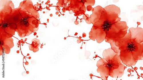 Fototapeta Naklejka Na Ścianę i Meble -  Beautiful watercolor floral pattern with red flowers and delicate details