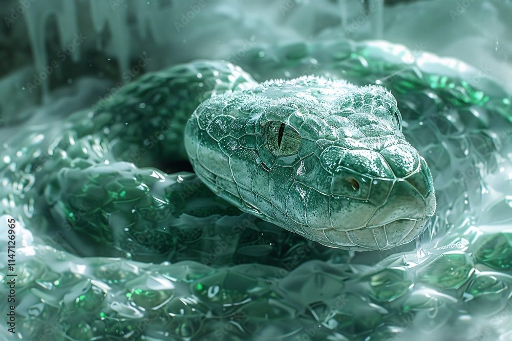 A striking emerald-green serpent rests in a misty, enchanting setting. Light filters through the air, highlighting the snake's scales and creating a magical atmosphere A striking emerald-green serpent rests in a misty, enchanting setting. Light filters through the air, highlighting the snake's scales and creating a magical atmosphere
