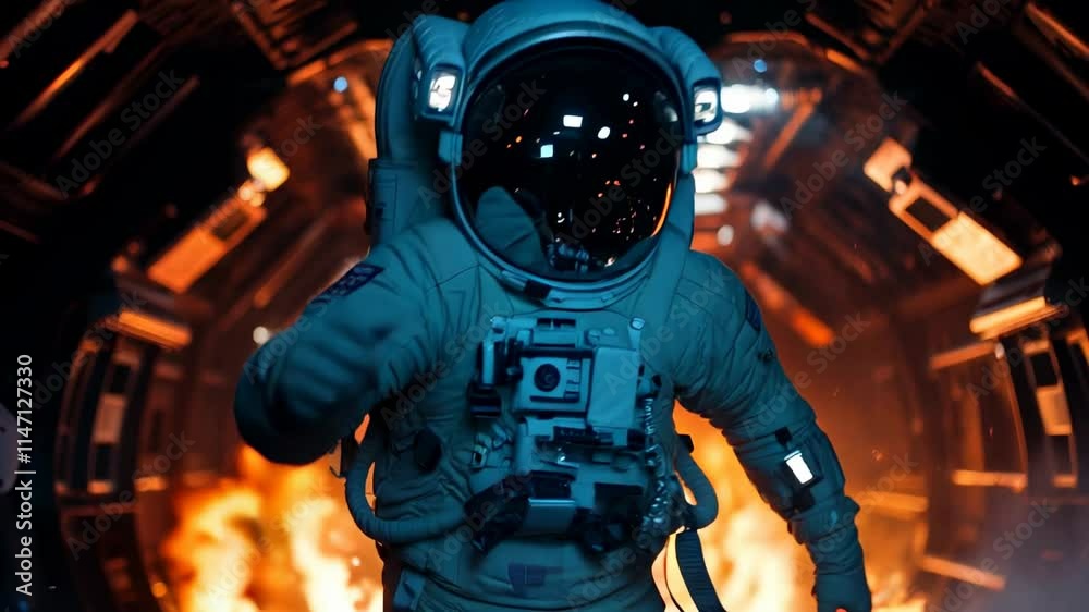 Astronaut escaping fire in spaceship like in sci-fi movie, spaceman runs inside spacecraft or space station during crash. Concept of disaster, technology, accident. Generative AI