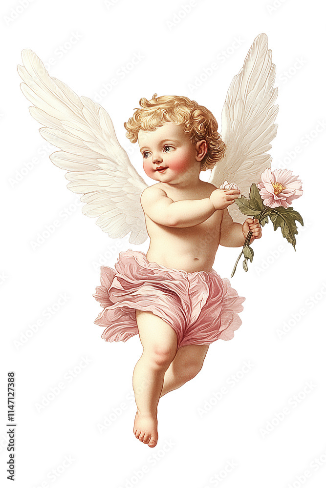 Cute Retro Angel Child Boy Holding Flower Illustration Isolated on White and Png Transparent Background Cute Retro Angel Child Boy Holding Flower Illustration Isolated on White and Png Transparent Background