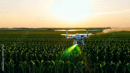 Intelligent Agriculture Drone Spraying Fertilizer Over Corn Field at Dawn