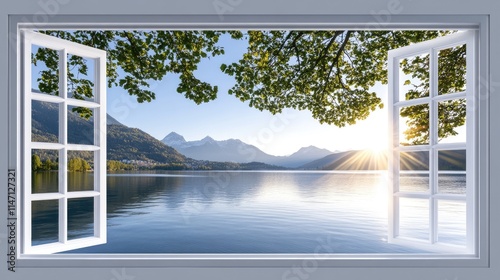 Open windows frame a stunning view of mountains and a serene lake, illuminated by the soft morning light, surrounded by vibrant trees in a tranquil environment.