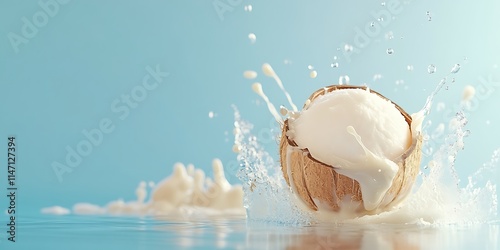 Coconut Milk Splashing In Blue Background