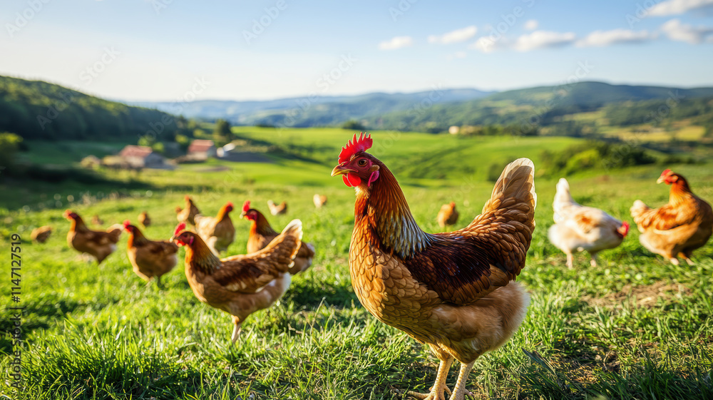Fototapeta premium Flock of healthy free-range chickens scattered across a sunlit meadow with clear blue skies, rolling hills, and farmhouses visible in the distance. 