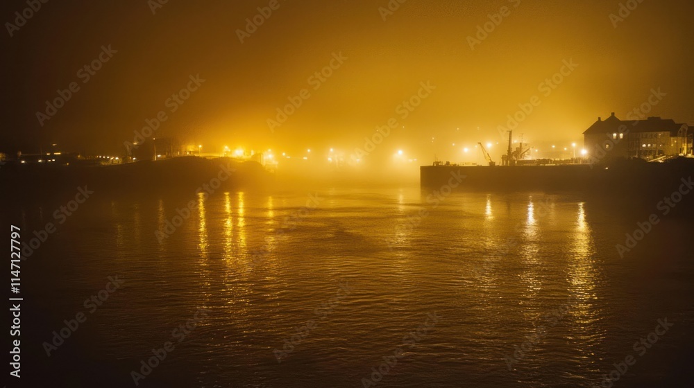 Foggy harbor scene illuminated by warm lights. Foggy harbor scene illuminated by warm lights.