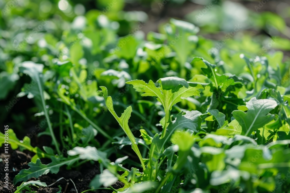 Close up of vibrant arugula plants thriving in fertile soil, bathed in sunlight, promising a healthy harvest Close up of vibrant arugula plants thriving in fertile soil, bathed in sunlight, promising a healthy harvest