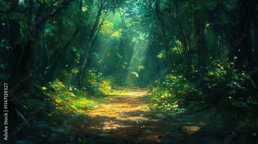 Lush forest path illuminated by sunlight. Lush forest path illuminated by sunlight.