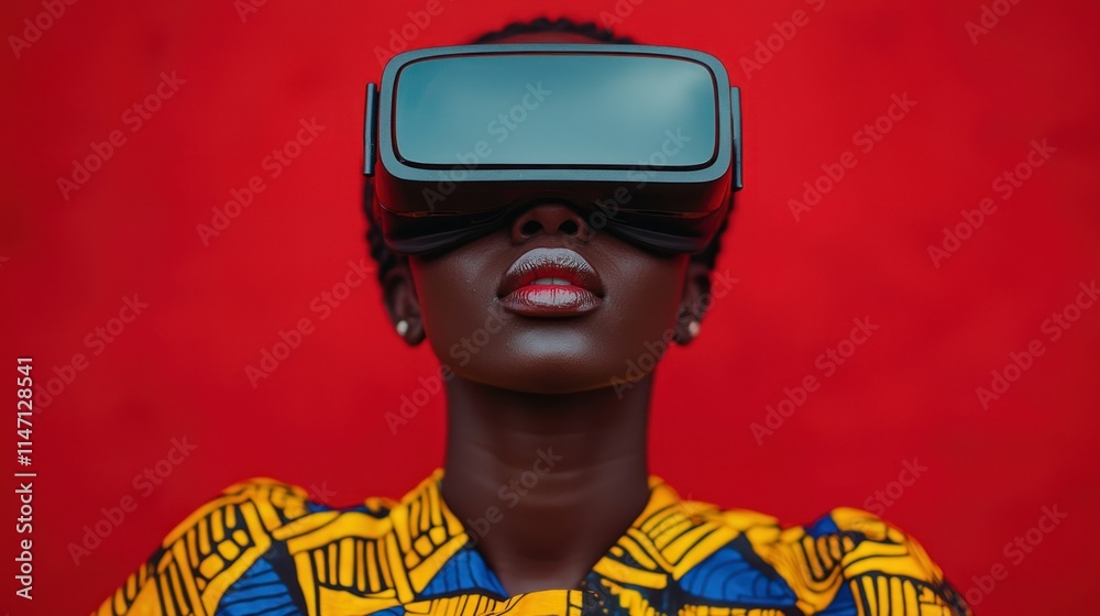 Obraz premium Woman wearing VR headset against a vibrant background.