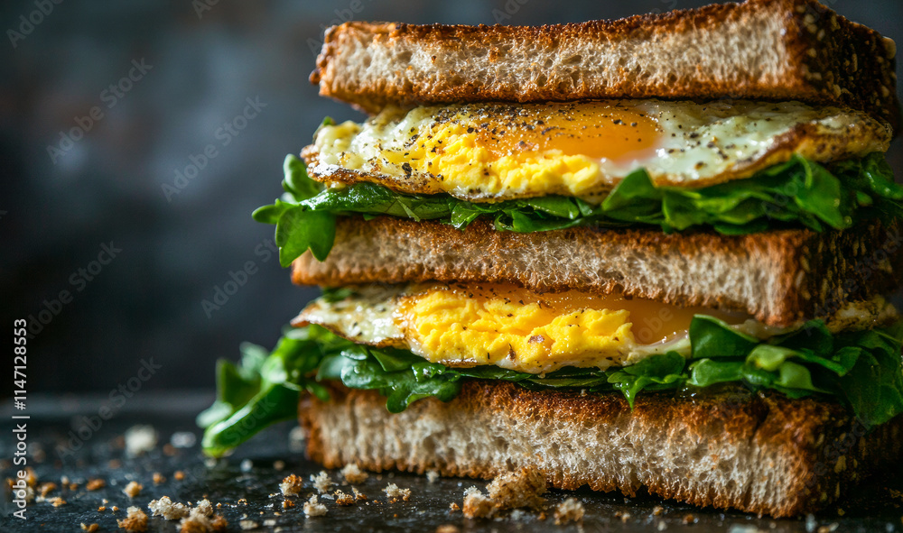 A delicious combination of stacked sandwiches featuring fried eggs and fresh greens, placed between crispy bread slices, creating an appetizing breakfast delight.