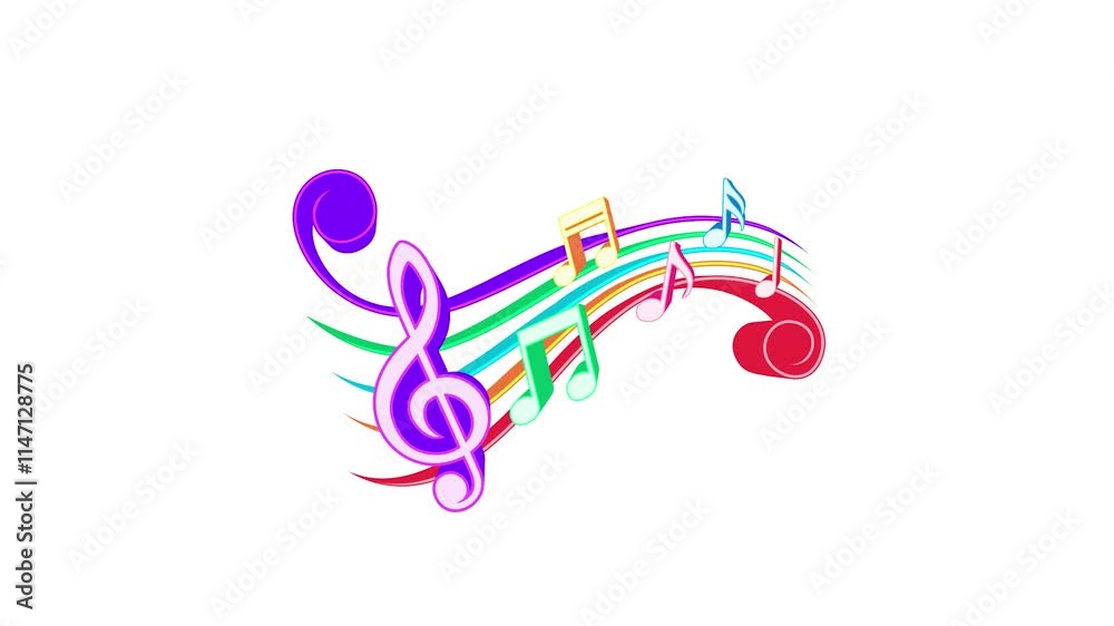 trendy colourful musical notes animation. key note sound waves motion on white screen background. animated 4k