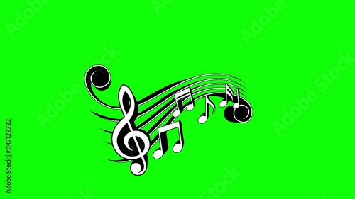 black and white musical notes animation. key note sound waves motion on green screen background. animated 4k chroma key