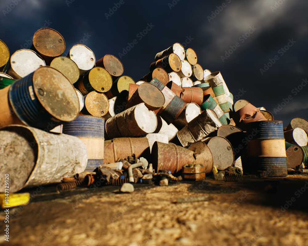 Pile of rubble on industrial junkyard under a cloudy sky. 3D render.