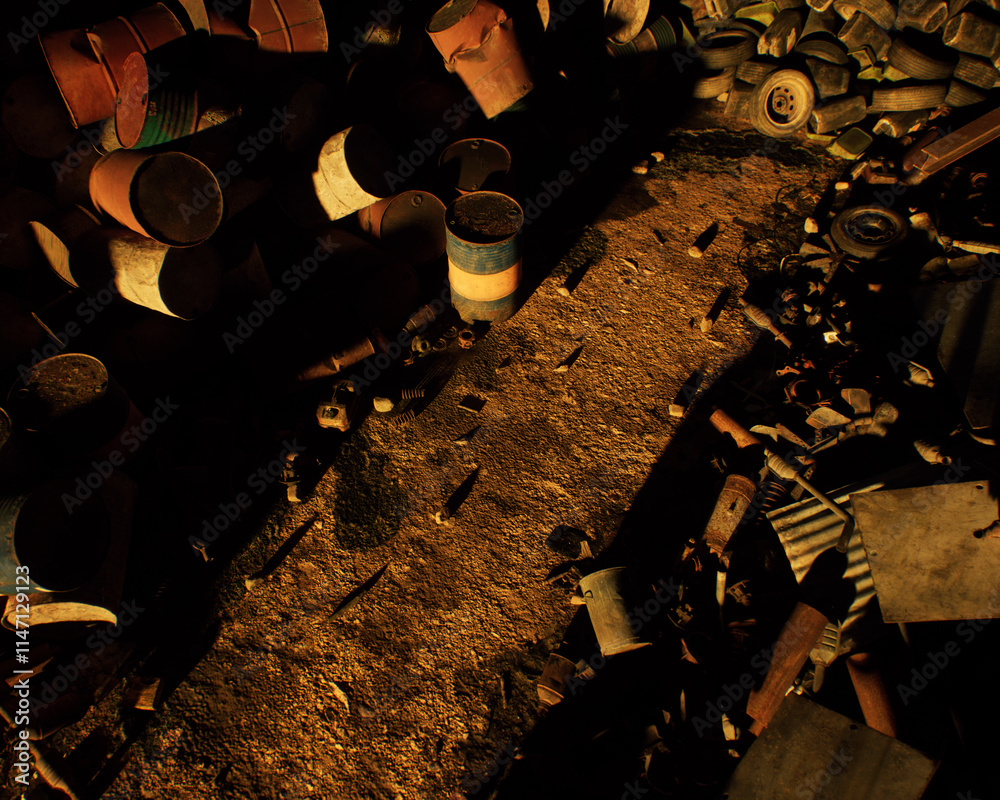 Rubble on an industrial junkyard. High angle view. 3D render.