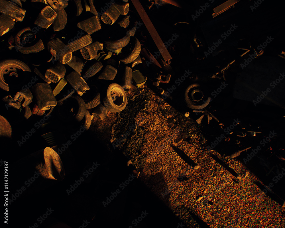 Rubble on an industrial junkyard. High angle view. 3D render.