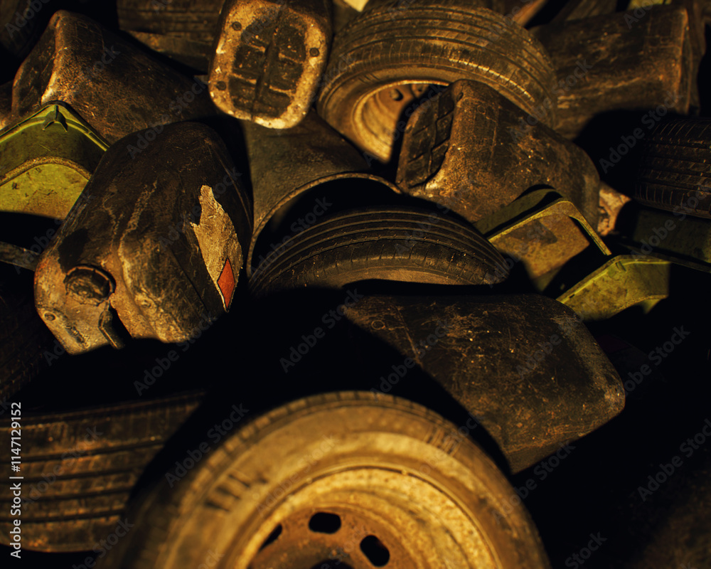 Tires and jerry cans on an industrial junkyard. Top view. 3D render.