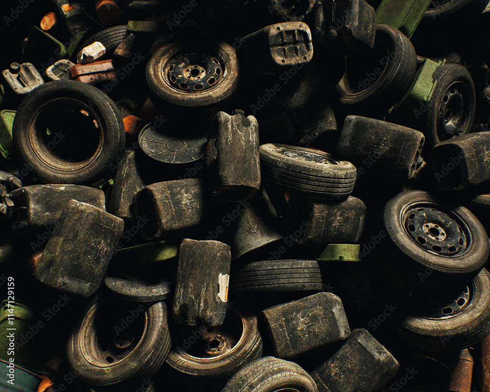 Tires and jerry cans on an industrial junkyard. Top view. 3D render.