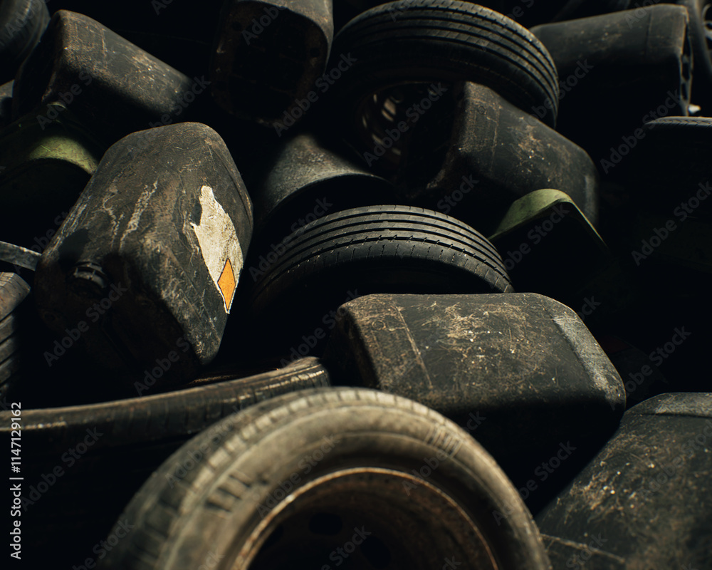 Tires and jerry cans on an industrial junkyard. Top view. 3D render.