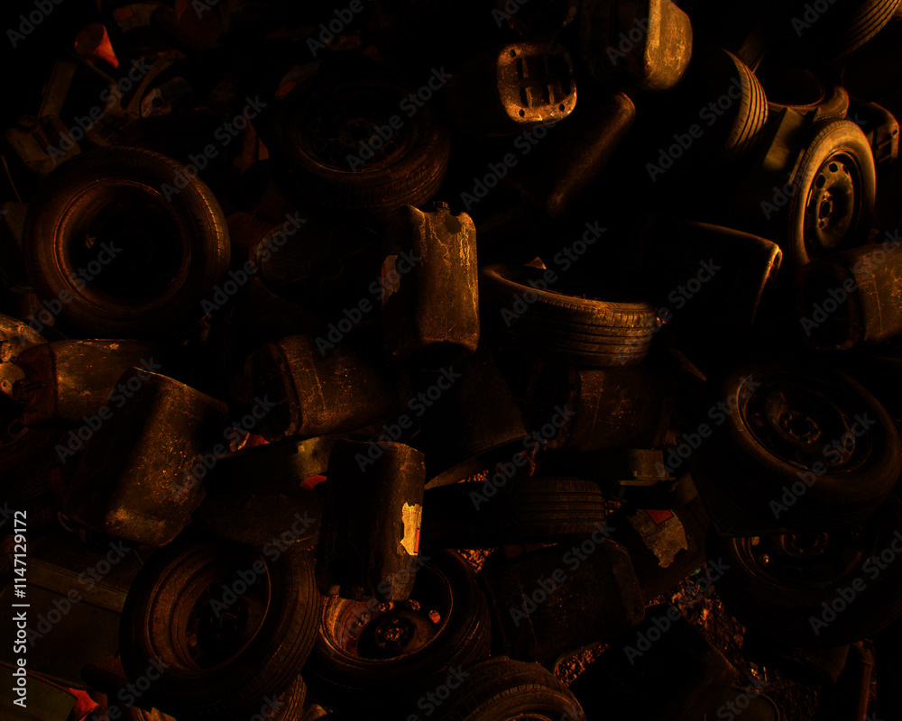 Tires and jerry cans on an industrial junkyard. Top view. 3D render.