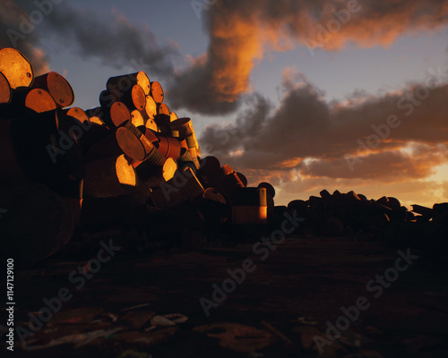 Obraz na płótnie Pile of rubble on industrial junkyard under a sunset sky. 3D render. w salonie