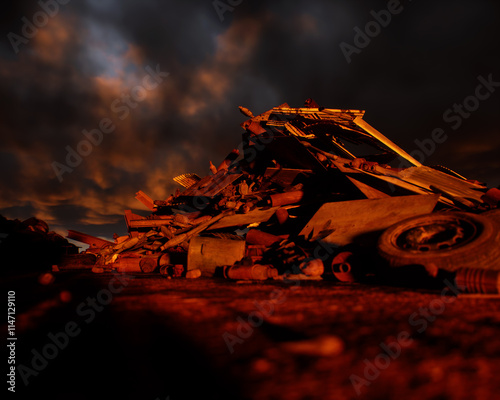 Obraz na płótnie Pile of rubble on industrial junkyard under a sunset sky. 3D render. w salonie