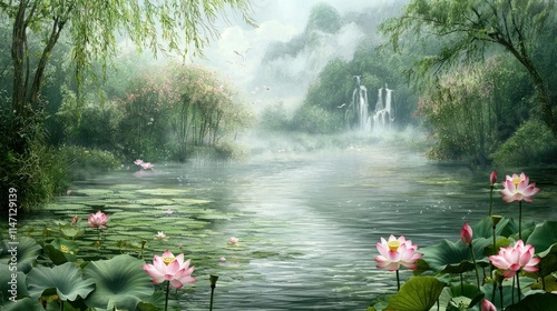 Serene landscape with lotus flowers and gentle waterfalls.