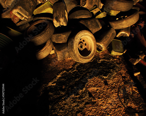 Rubble on an industrial junkyard. High angle view. 3D render.