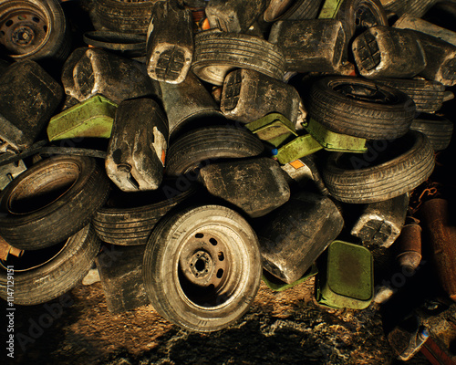 Obraz na płótnie Tires and jerry cans on an industrial junkyard. Top view. 3D render. w salonie