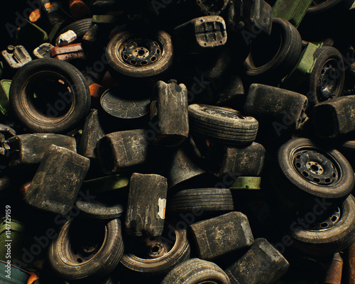 Obraz na płótnie Tires and jerry cans on an industrial junkyard. Top view. 3D render. w salonie