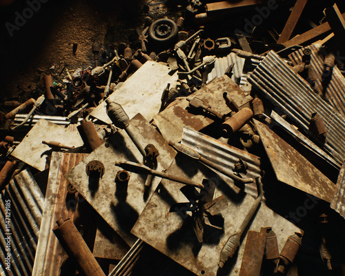 Obraz na płótnie Junk on an industrial junkyard. High angle view. 3D render. w salonie