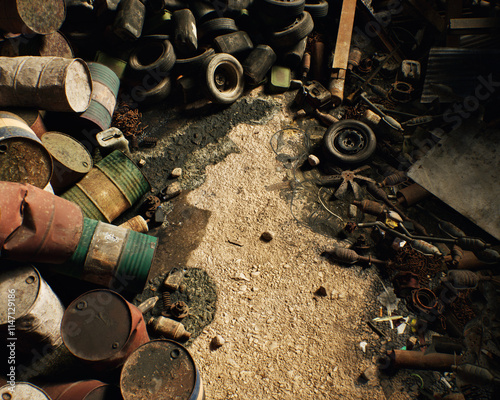 Obraz na płótnie Junk on an industrial junkyard. High angle view. 3D render. w salonie