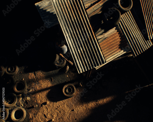 Junk on an industrial junkyard. High angle view. 3D render.