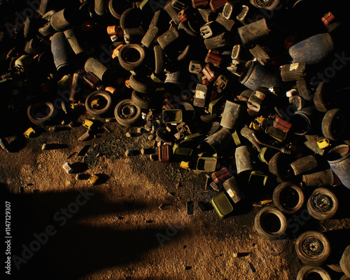 Junk on an industrial junkyard. High angle view. 3D render.