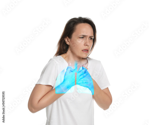 Woman with asthma suffering from difficulty breathing on white background. Illustration of lungs