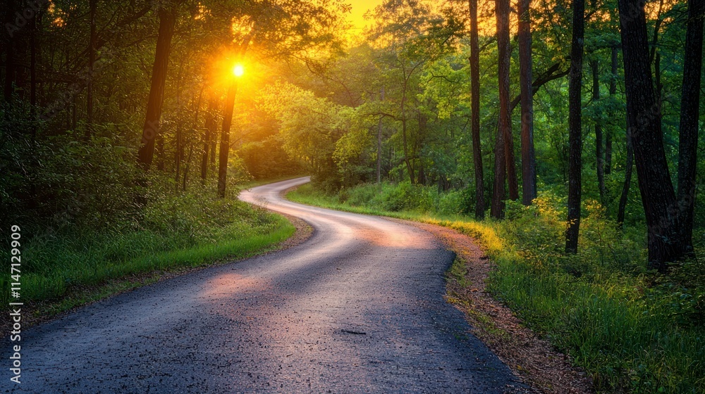 Obraz premium Serene winding road through a lush forest at sunset.