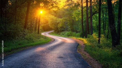 Serene winding road through a lush forest at sunset.