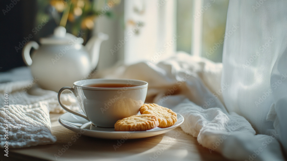 A warm cup of tea with two biscuits sits atop a saucer on a wooden table. Soft sunlight filters through the curtains, casting a gentle glow over the cozy setting. A warm cup of tea with two biscuits sits atop a saucer on a wooden table. Soft sunlight filters through the curtains, casting a gentle glow over the cozy setting.