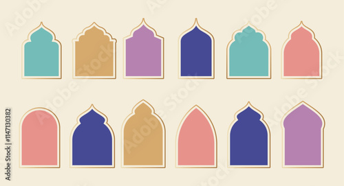Collection of Islamic windows, mosque doors, frames and arches. Arabic oriental style elements for Ramadan Kareem and Eid Mubarak.