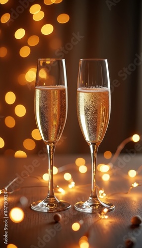 Two elegant champagne flutes sparkling with bubbles, surrounded by glowing lights, perfect for celebrations, events, or romantic occasions.