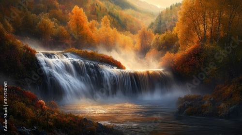 Serene waterfall surrounded by autumn foliage.
