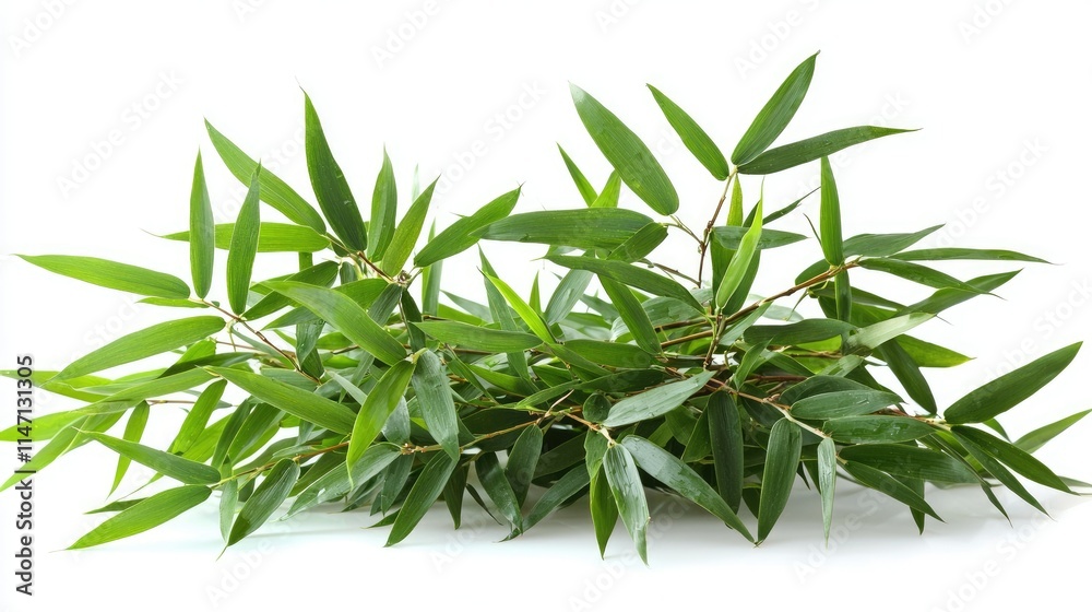 Fototapeta premium A lush green bamboo branch with slender leaves, ideal for decoration or nature-themed designs.