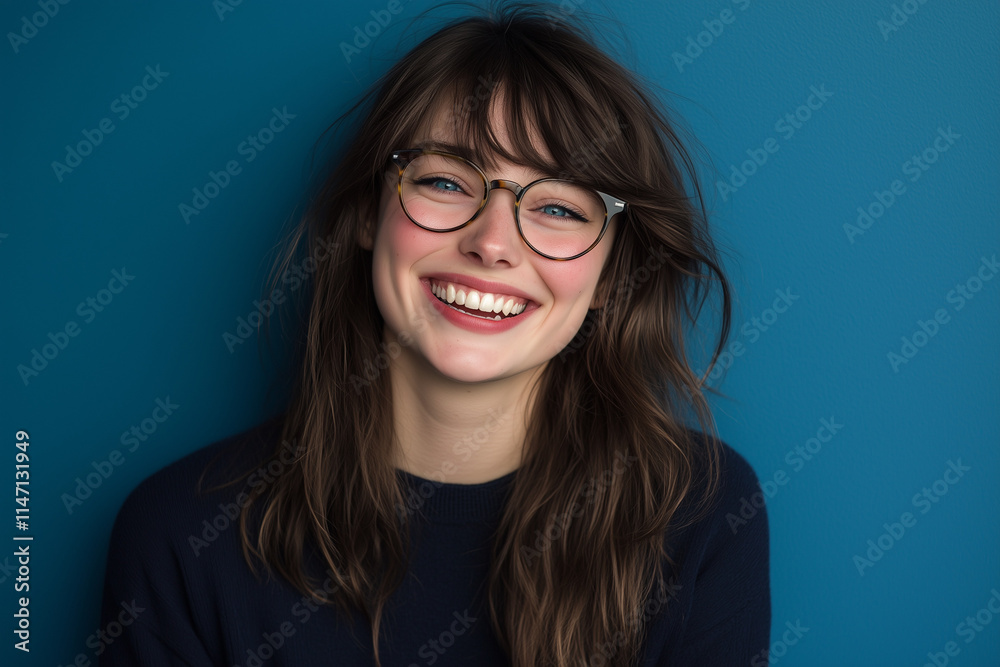 Obraz premium pretty brunette woman wearing glasses, smiling with teeth