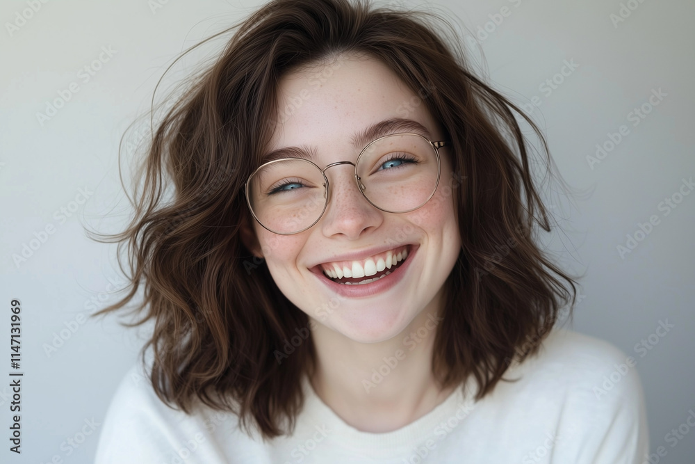 pretty brunette woman wearing glasses, smiling with teeth pretty brunette woman wearing glasses, smiling with teeth