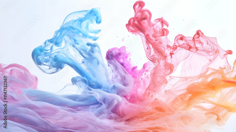 Fototapeta premium Abstract watercolor background with flowing smoke, ink, and liquid patterns in blue, black, and rainbow colors, creating a smooth and swirling design with light and mist effects