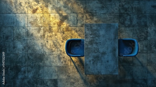 Rectangular metal table and blue chair, indoor scene, top view Generative AI of a rectangular metal table with a blue chair inside, aerial perspective