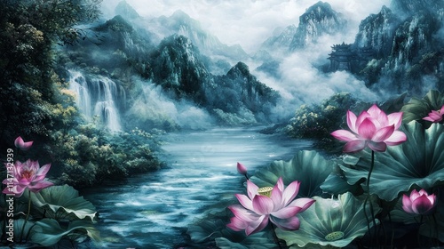 Serene landscape with lotus flowers and mountains.