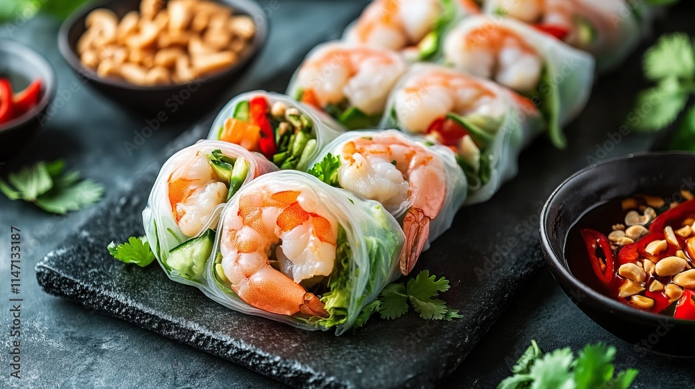 Summer rolls with fresh vegetables and shrimps and peanut sauce. Vietnamese appetizer. Salad spring rolls with prawns. Healthy food concept Summer rolls with fresh vegetables and shrimps and peanut sauce. Vietnamese appetizer. Salad spring rolls with prawns. Healthy food concept