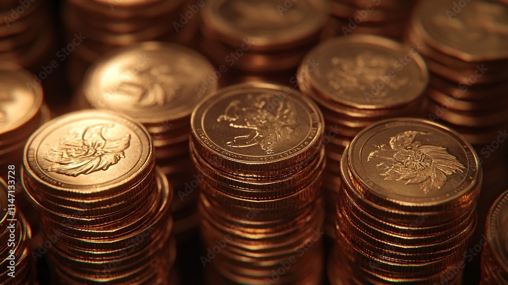 Stacks of shiny golden coins create a rich and luxurious atmosphere. Stacks of shiny golden coins create a rich and luxurious atmosphere.