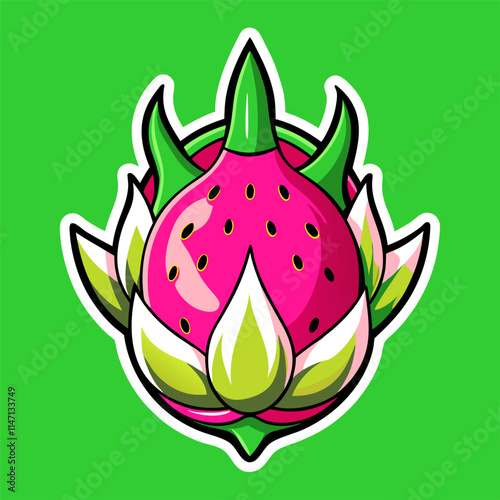 Cartoon Dragon Fruit Illustration: Pink, Green.